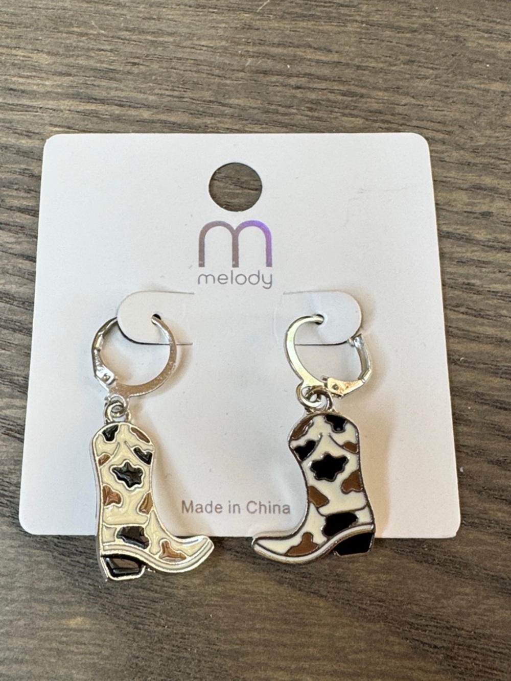 NEW Melody Cowprint Cowboy Boot Dangle Earrings White, Black Brown Silver Metal